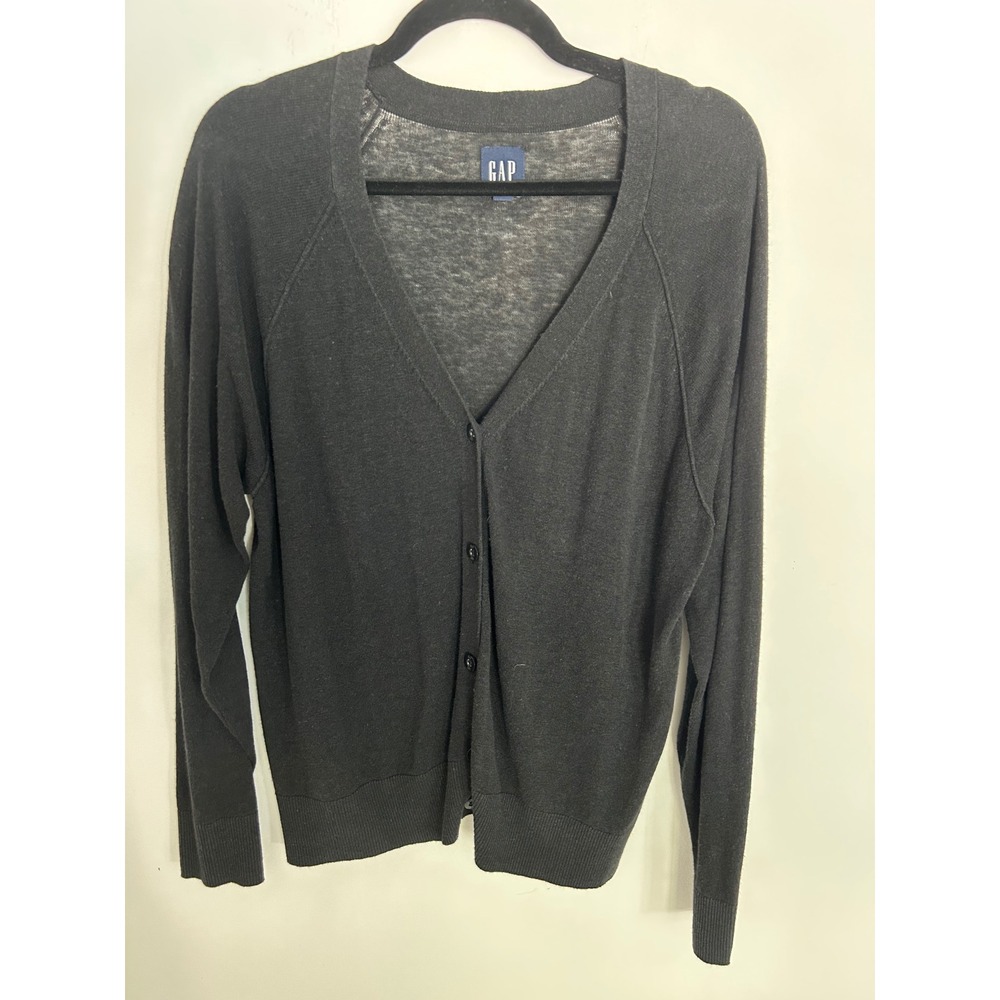 GAP Womens Black Linen Rayon Blend V-Neck Button Front Cardigan Sweater XL